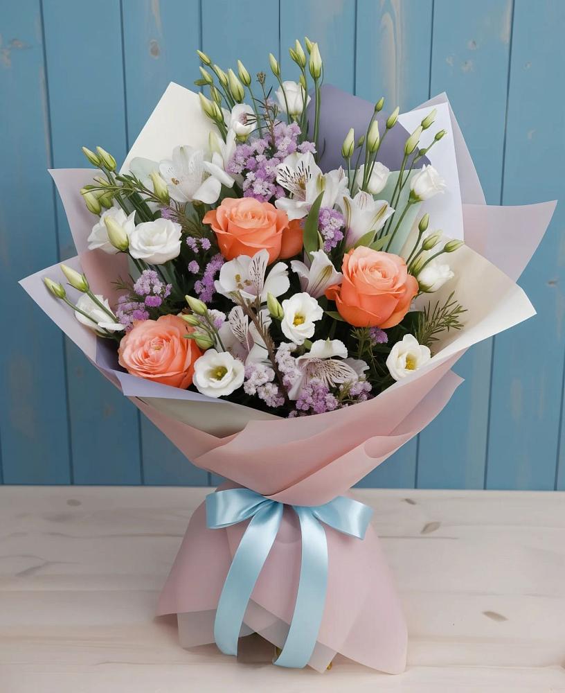 Букет цветов из: Лизиантусы, Розы, Альстромерии и Гипсофила в Североонежск