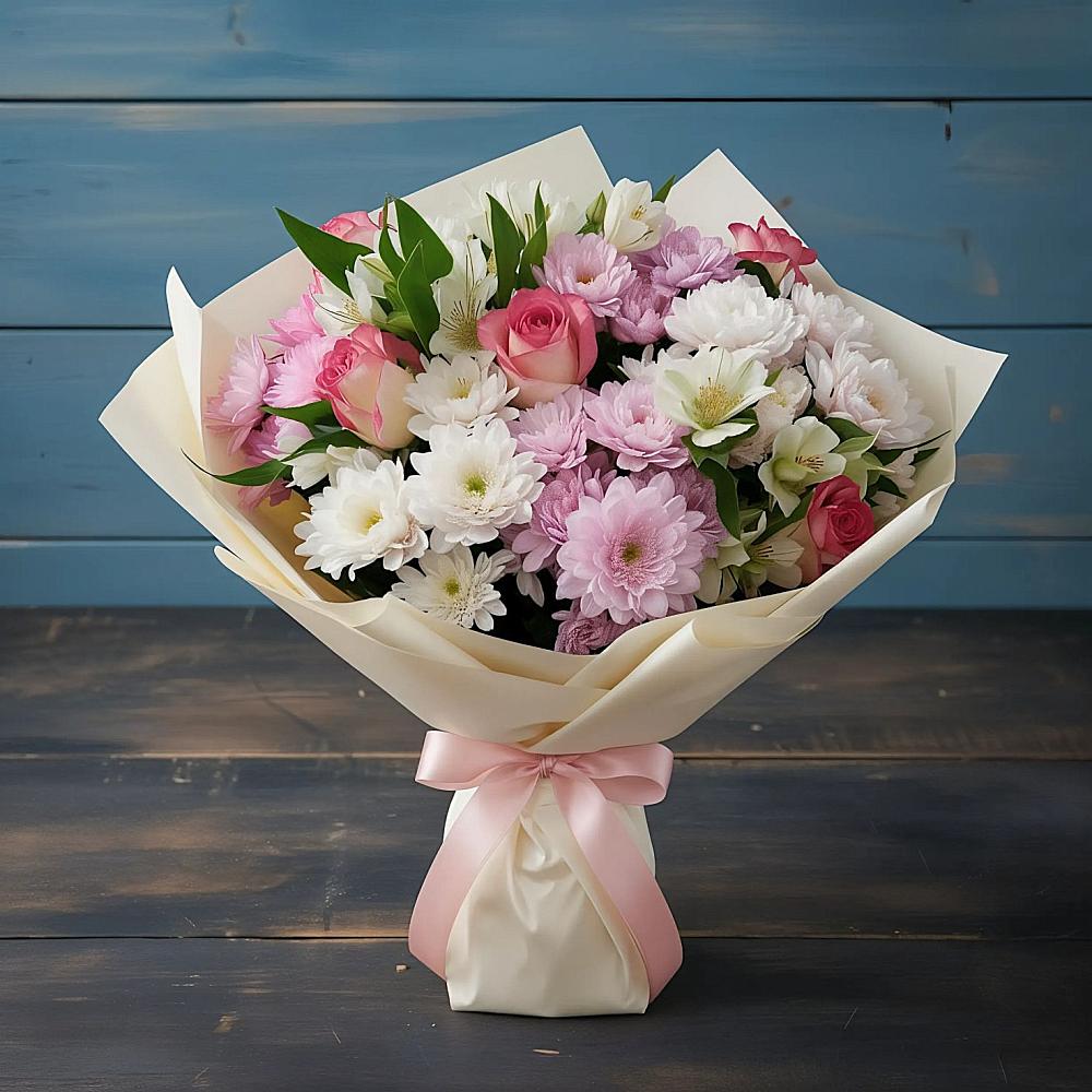 Букет цветов из: Хризантемы, Альстромерии и Розы в Североонежск